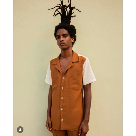 Todd Patrick Designer Cuban Shirt Button Up Brown Cream 2 Tone 2 Fabric Size XL - Picture 3 of 10